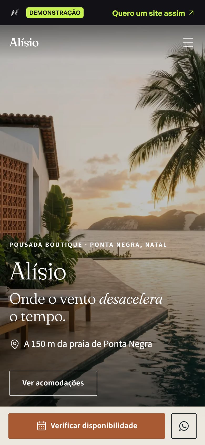 Alísio on a phone, with the booking bar fixed at the bottom of the screen.