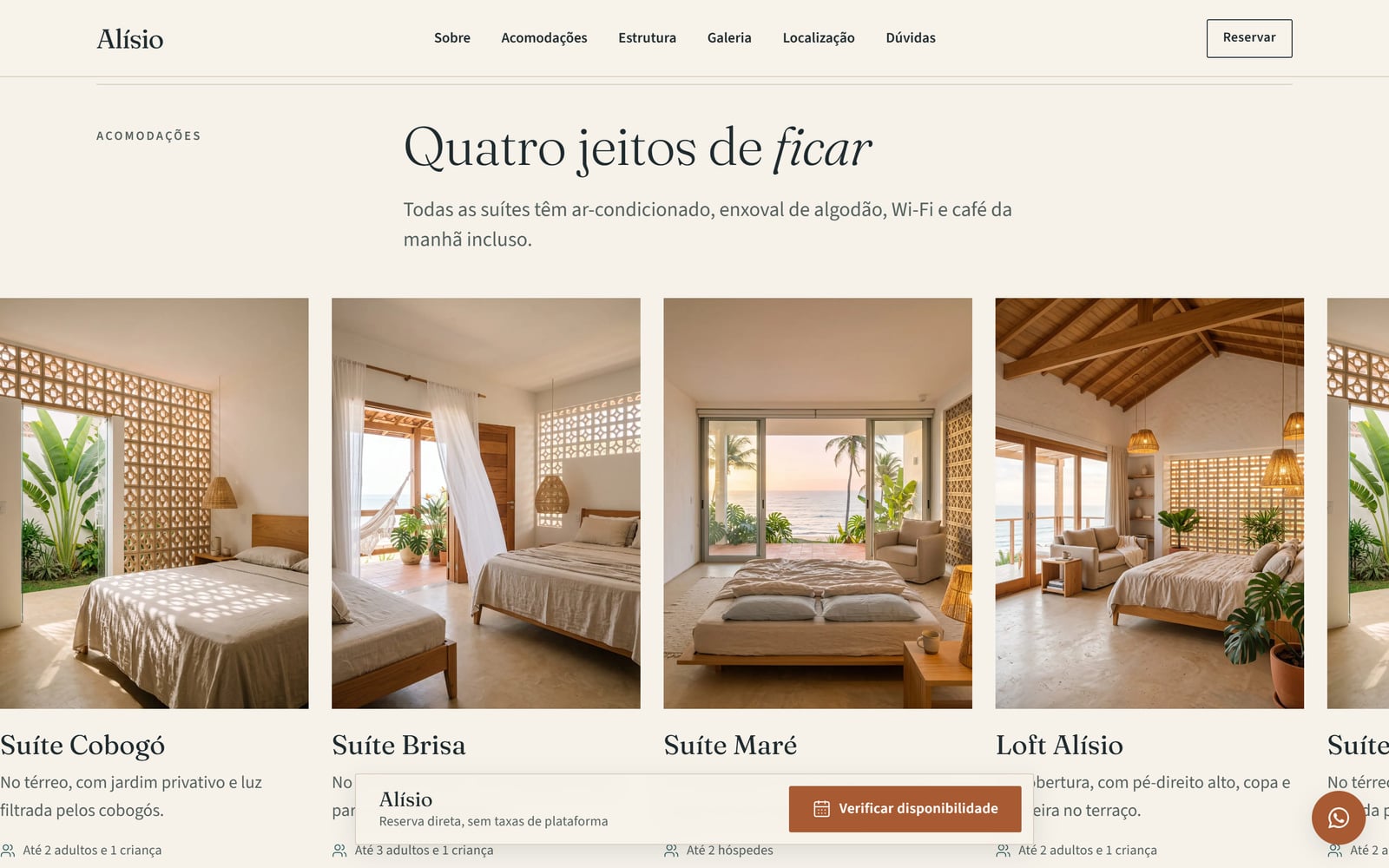 Alísio room strip on a computer, with four suites in large photos, each with its name and capacity.