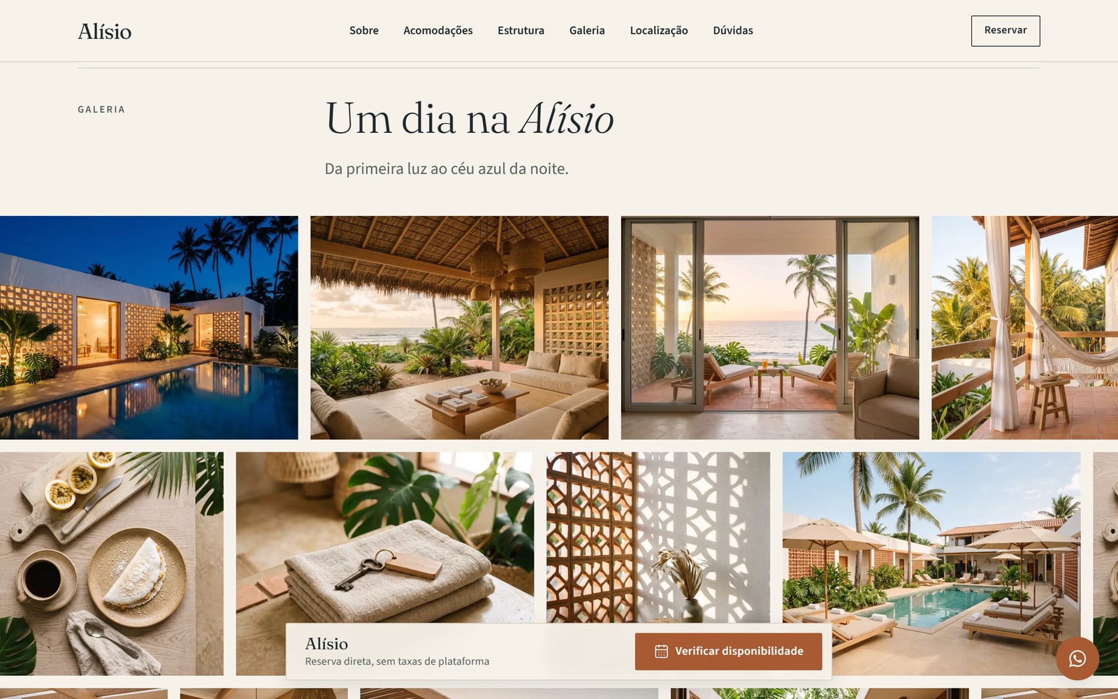 Alísio gallery on a computer: a mosaic of photos of the pool at night, the veranda, the suites and breakfast.