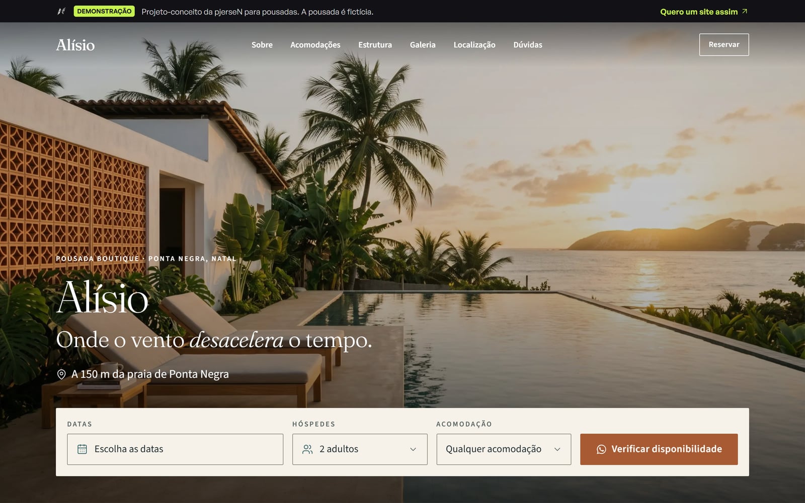 Alísio home page on a computer: a pool overlooking the sea at sunset, the guesthouse name and the booking bar with dates, guests and room.