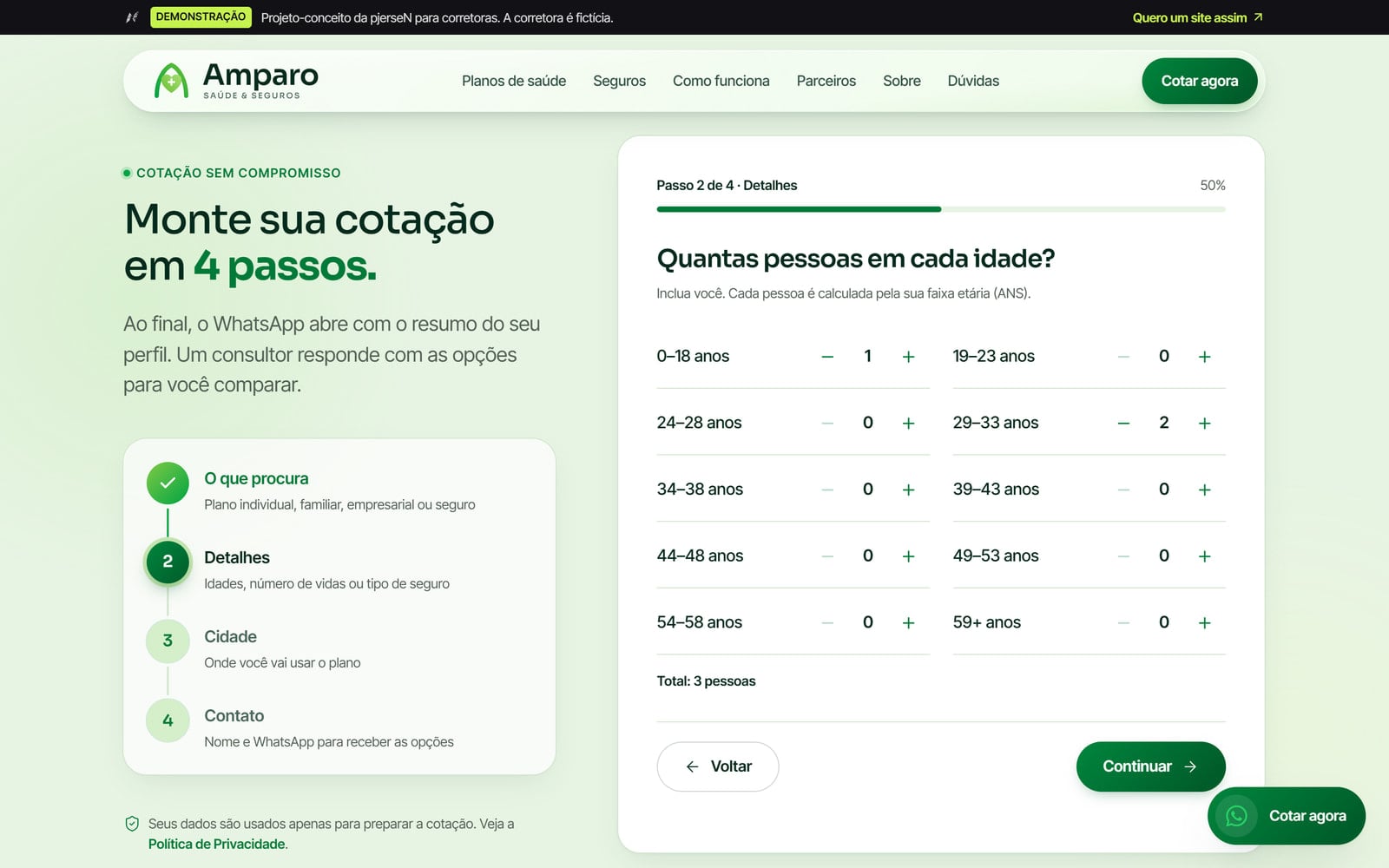 Seção de cotação da Amparo no computador: à esquerda, o passo a passo com o primeiro passo concluído e o segundo em andamento; à direita, as faixas de idade.