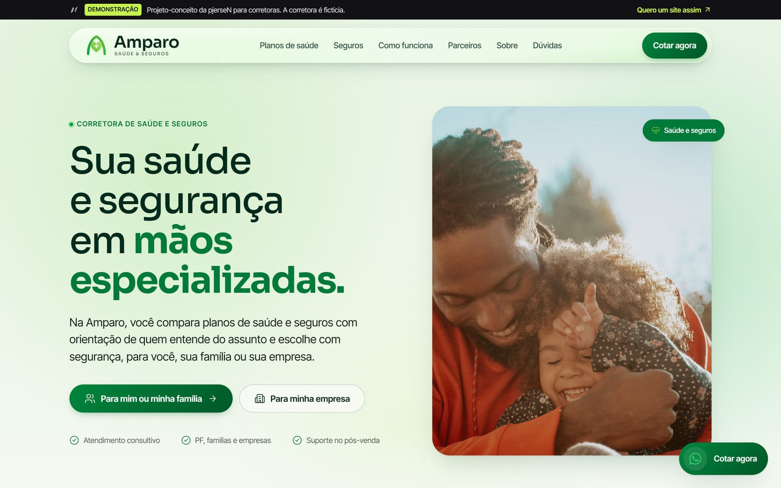 Página inicial da Amparo no computador: o título “Sua saúde e segurança em mãos especializadas”, a foto de um pai abraçando a filha e os botões de cotação para pessoa física e empresa.