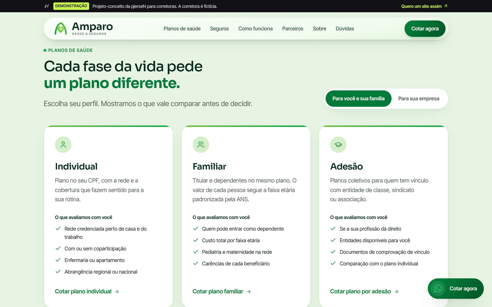 Seção de planos da Amparo no computador: as abas “Para você e sua família” e “Para sua empresa” e três cards, Individual, Familiar e Adesão.